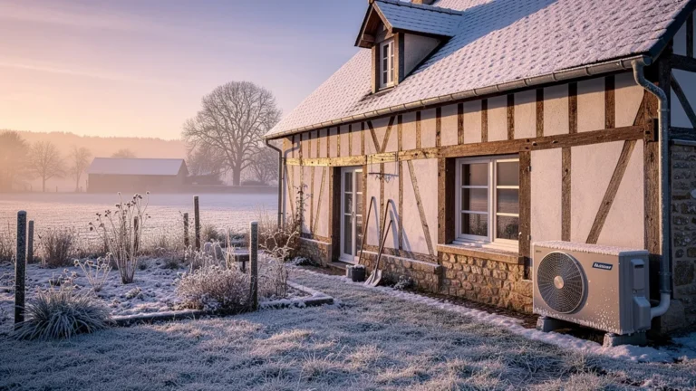 PAC air-air en Normandie sur maison traditionnelle en hiver avec paysage enneigé