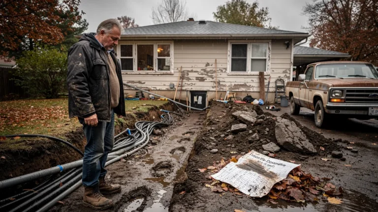 Homme de 56 ans déçu devant maison avec chantier géothermie, étude à 4 000 € gaspillée