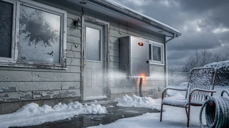 Maison en hiver montrant une pompe à chaleur installée avant isolation, surconsommation énergétique visible
