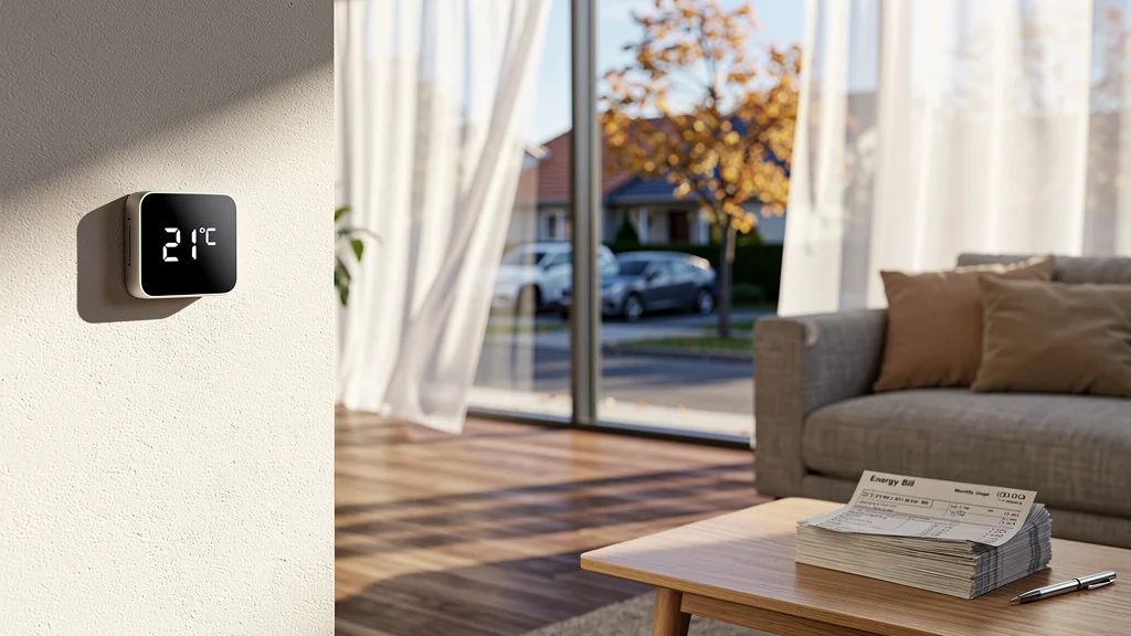 Thermostat connecté à 80 € sur mur dans salon moderne avec factures d’énergie en lumière naturelle