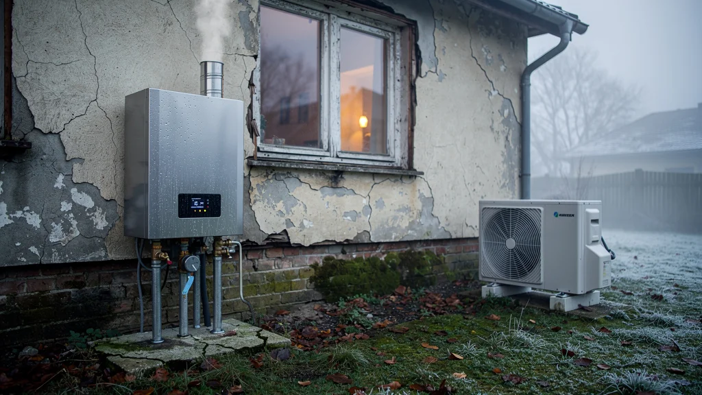 Façade d’une maison mal isolée avec chaudière à condensation et PAC air-eau en extérieur