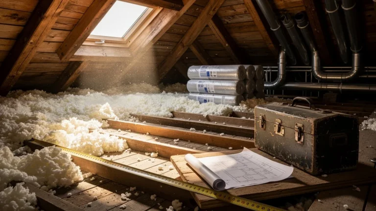 Intérieur de combles en rénovation avec isolation avant changement de chauffage, ambiance réaliste et détaillée