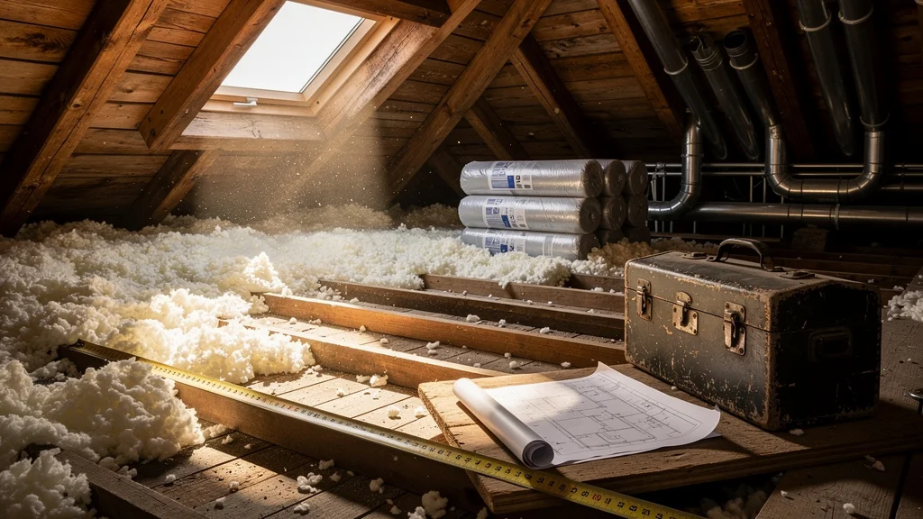 Intérieur de combles en rénovation avec isolation avant changement de chauffage, ambiance réaliste et détaillée