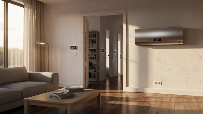 Intérieur moderne avec PAC air-air et relevés de température pièce par pièce, ambiance chaleureuse et réaliste