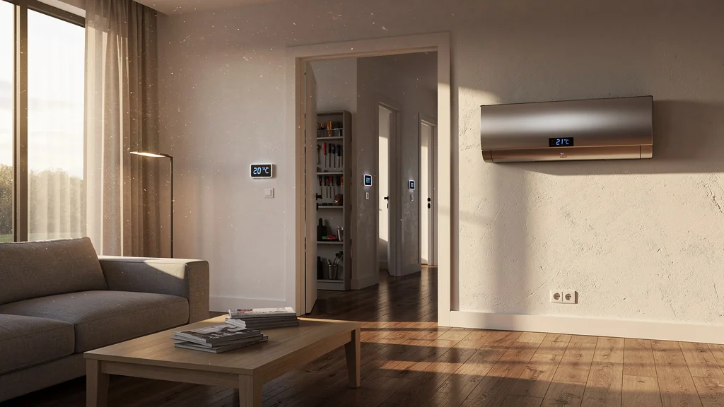Intérieur moderne avec PAC air-air et relevés de température pièce par pièce, ambiance chaleureuse et réaliste