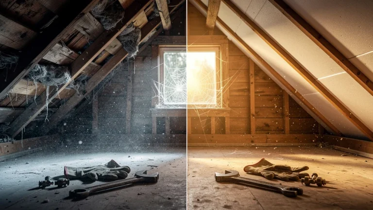Intérieur d’un grenier avant et après isolation illustrant la consommation énergétique suivie