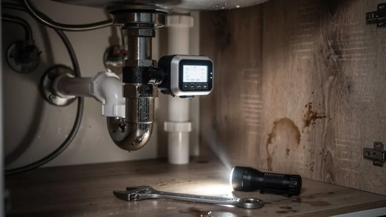 Débitmètre connecté sous évier pour détecter une fuite invisible, image ultra-réaliste 8K plomberie cuisine