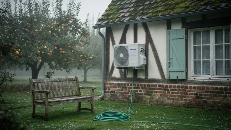 Pompe à chaleur air-air moderne installée sur une maison normande traditionnelle, climat humide et paysage rural