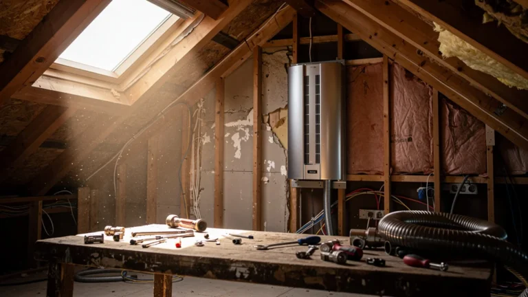 VMC double flux installée dans une rénovation modeste d'une maison, vue ultra-réaliste et détaillée