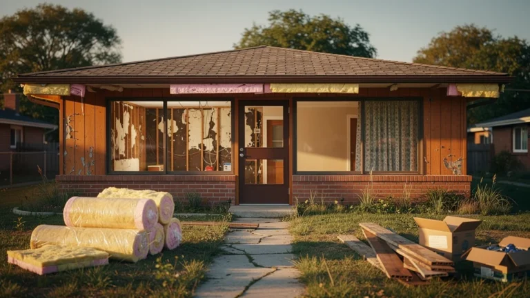 Vue hyper-réaliste d’une maison des années 70 isolée pièce par pièce sur dix ans, rénovation progressive