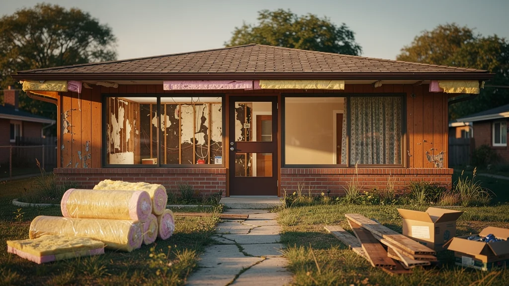 Vue hyper-réaliste d’une maison des années 70 isolée pièce par pièce sur dix ans, rénovation progressive