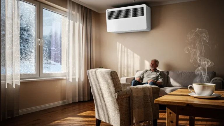 Intérieur chaleureux d'une maison en hiver avec VMC double flux, illustrant l'air pur et renouvelé
