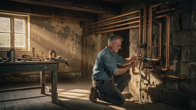 Plombier expérimenté répare la plomberie d'une maison ancienne sans rien casser, avec soin et précision