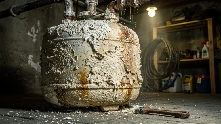 Ballon d'eau chaude entartré avec dépôt calcaire visible dans une cave, illustrant l'importance de la purge annuelle
