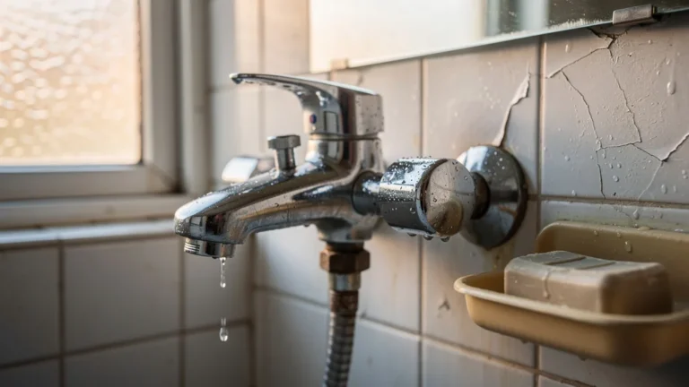 Mitigeur thermostatique premier prix usé mais fonctionnel dans une salle de bain modeste, durable et réaliste