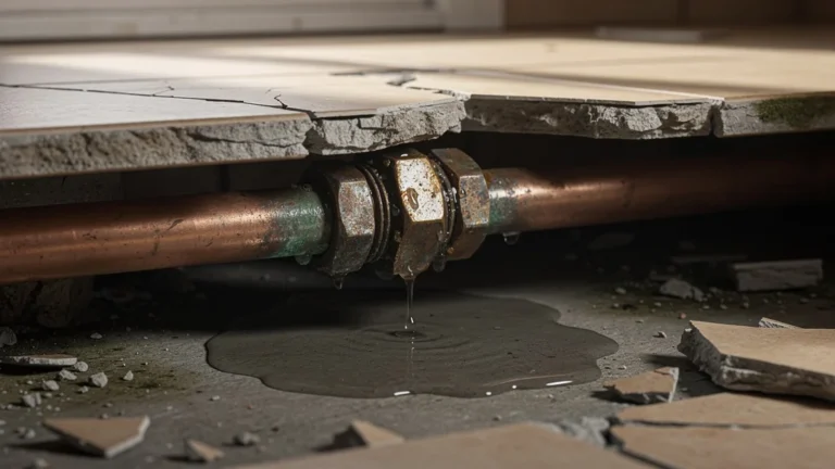 Raccord serré à la va-vite causant un dégât des eaux sous un carrelage fissuré avec fuite visible
