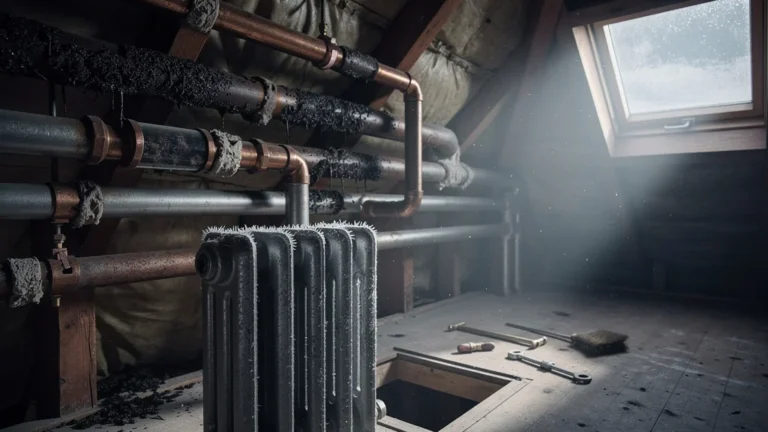 Radiateur froid à l'étage avec circuit de chauffage emboué illustrant le désembouage à zapper
